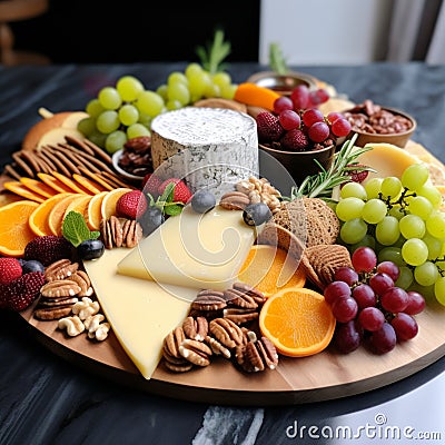 Cheese platter with assorted cheeses, grapes, nuts and fruits Stock Photo