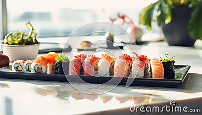 Elegant Sushi Platter Presentation, AI Generated Stock Photo