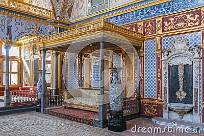 Beautifully audience hall and imperial throne room in the Harem of Topkapi Palace in Istanbul, Turkey Editorial Stock Photo