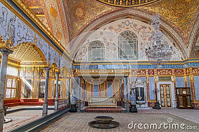 Beautifully audience hall and imperial throne room in the Harem of Topkapi Palace in Istanbul, Turkey Editorial Stock Photo