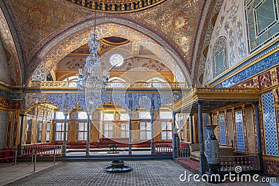 Beautifully audience hall and imperial throne room in the Harem of Topkapi Palace in Istanbul, Turkey Editorial Stock Photo