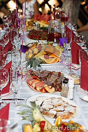 Beautifully banquet table with dessert Stock Photo
