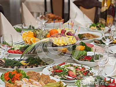 Beautifully banquet table with food Stock Photo