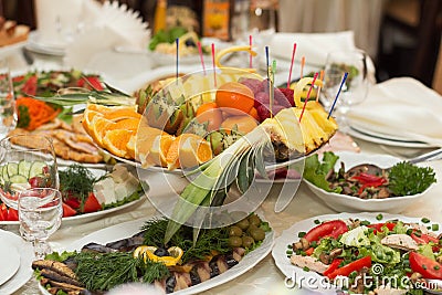 Beautifully banquet table with food Stock Photo