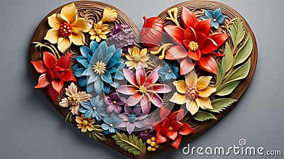 A beautifully carved wooden heart with vibrant, fresh flowers gracefully arranged around it Stock Photo