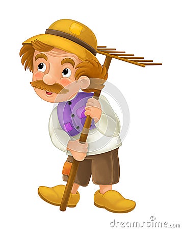 Beautifully colored cartoon character / older farmer standing and on the ground and looking ahead - isolated Cartoon Illustration