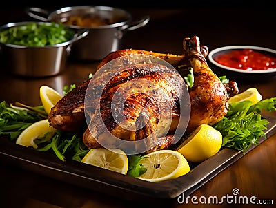 A beautifully cooked, golden - brown roasted chicken takes center stage on a rustic wooden table.Generative AI Stock Photo