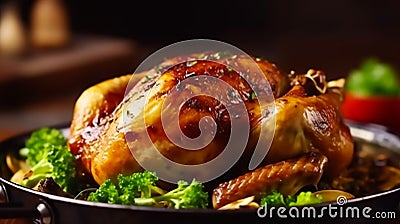A beautifully cooked, golden - brown roasted chicken takes center stage on a rustic wooden table.Generative AI Stock Photo