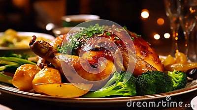 A beautifully cooked, golden - brown roasted chicken takes center stage on a rustic wooden table.Generative AI Stock Photo