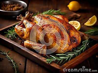 A beautifully cooked, golden - brown roasted chicken takes center stage on a rustic wooden table.Generative AI Stock Photo