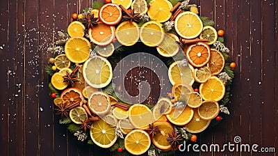 a beautifully crafted Christmas wreath made entirely from dried citrus slices, such as oranges and lemons. Highlight the Stock Photo