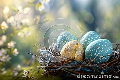 Beautifully crafted Easter eggs resting in a nest, heralding spring Stock Photo