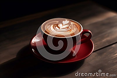 Beautifully crafted heart-shaped latte art on dark wood background, viewed from above and AI-generated Stock Photo