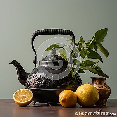 Rustic Elegance: Stone Tea Kettle and Bergamots on Wooden Table Stock Photo