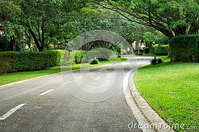 Beautifully curving hedge lined road Stock Photo