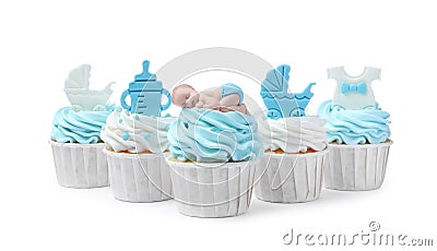 Beautifully decorated baby shower cupcakes for boy with cream and toppers on white background Stock Photo
