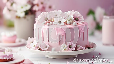 Beautifully decorated cake with pink flowers on festive spring table. Easter concept, March 8, mother's day Stock Photo