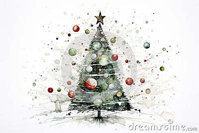 Beautifully decorated Christmas tree on white background. Original design. Watercolor drawing with abstract streaks. Winter Stock Photo