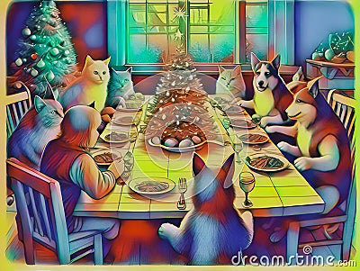 A table with a Christmas dinner for dogs, cats and the owner. AI generated. Illustration. Stock Photo