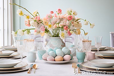 Beautifully decorated Easter dinner table with colorful flowers, pastel crockery and dyed eggs. Indoor Easter celebration party Stock Photo