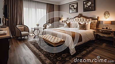 beautifully decorated hotel room with a plush bed and ele generative AI Stock Photo