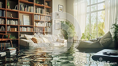 Stylish living room submerged in water with sunlight reflecting and calm ripples creating a serene atmosphere Stock Photo