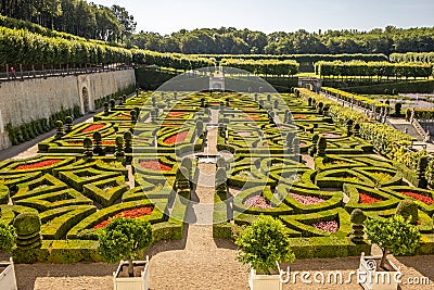 Beautifully designed renaissance park with unique layout at chateau Villandry, Loire valley, France. Editorial Stock Photo