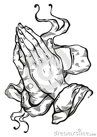 Beautifully detailed human hands folded in prayer. Appeal to the God. Faith and hope. Religious motifs. Academic art. Vector art. Vector Illustration
