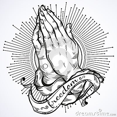 Beautifully detailed human hands folded in prayer. Appeal to the God. Faith and hope. Religious motifs. Academic art. Vector art. Vector Illustration