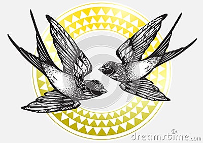 Beautifully detailed vintage illustration with flying swallow birds over tribal geometric pattern. Vector artwork isolated. Vector Illustration