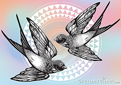 Beautifully detailed vintage illustration with flying swallow birds over tribal geometric pattern. Vector artwork isolated. Vector Illustration