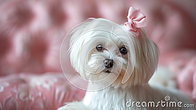 A beautifully groomed white Maltese dog with a pink bow on her head looks at the camera Stock Photo