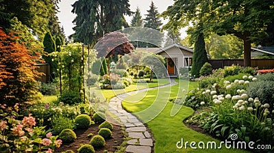 Beautifully landscaped backyard with lush gardens Stock Photo