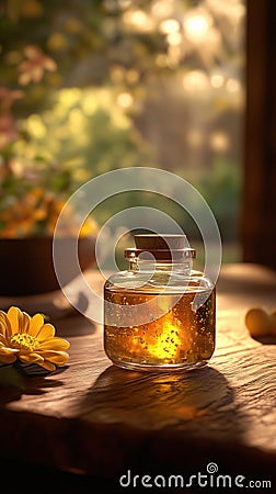 beautifully lit glass jar filled with golden liquid, surrounded by flowers Stock Photo