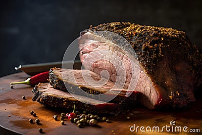 Beautifully roasted joint of meat that appears perfectly cooked, juicy, and browned. Stock Photo