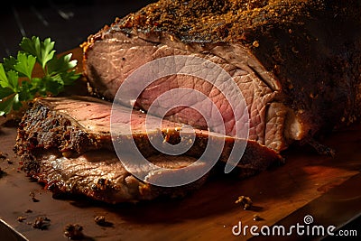 Beautifully roasted joint of meat that appears perfectly cooked, juicy, and browned. Stock Photo