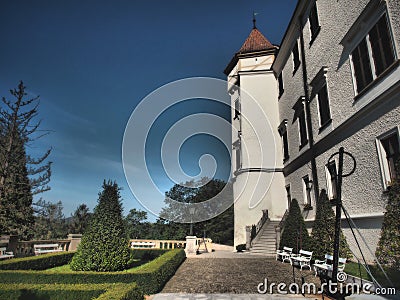 Beautifully romantic castle glamorous gardens around, gem among castles, nicely colored, background Stock Photo