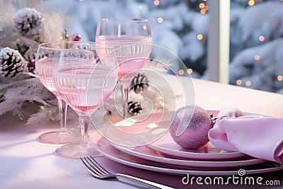 Beautifully decorated table for Christmas dinner with dishes, pink decorations. Stock Photo