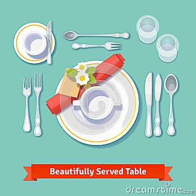 Beautifully served table. Formal dinner setting Vector Illustration