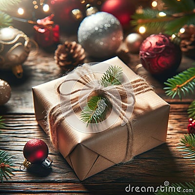 Festive Christmas Gift Box with Ornaments and Pine Cones, AI Generated Stock Photo