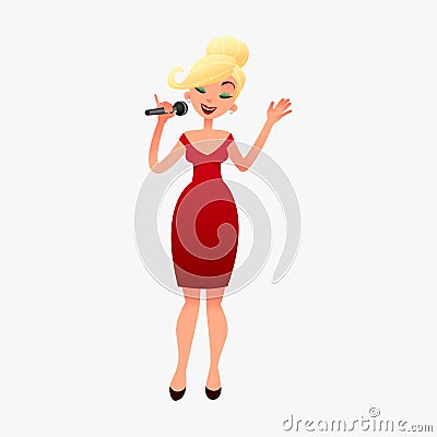 Beautilul blonde woman star celebrity jazz singer in red dress with microphone. Young girl is singing karaoke at a party Vector Illustration