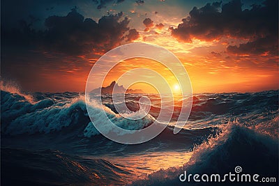 Beautiufl sunset on background and big waves in the sea. stunning seascape. Generative AI Stock Photo