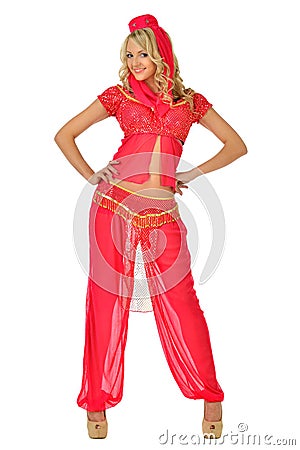 Beautiul blonde woman in orient beauty costume. Stock Photo