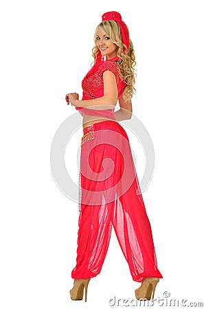 Beautiul blonde woman in orient beauty costume. Stock Photo