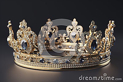 Beautuful shiny crown with medieval ornament and jeewelry. Ancient king or quenn crown. Generated AI. Stock Photo