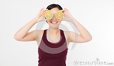 Beauty asian japanese woman hold Oranges.Beauty concept. Beautiful Joyful teen girl with freckles, funny red hairstyle and yellow Stock Photo