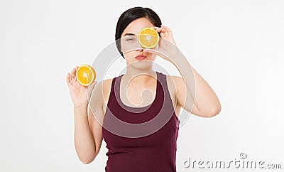 Beauty asian japanese woman hold Oranges.Beauty concept. Beautiful Joyful teen girl with freckles, funny red hairstyle and yellow Stock Photo