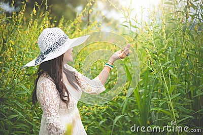 Beauty Asian woman in white dress and wing hat walking in rapeseed flower field background. Relaxation and travel concept. Stock Photo