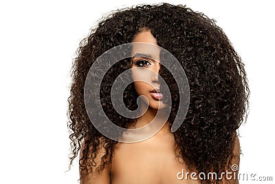 Beauty black skin woman African Ethnic female face. Young african american model with long afro hair. Lux model Stock Photo