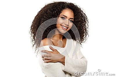 Beauty black skin woman African Ethnic female face. Young african american model with long afro hair.Smiling model isolated on Stock Photo